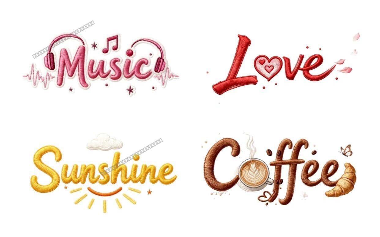 3D realistic textured embroidered typography graphic set featuring stitched words Music, Love, Sunshine, Coffee, Sky, Ocean, Garden, and Forest with intricate thread details for POD t-shirt designs by Diamond X Digital Store.
