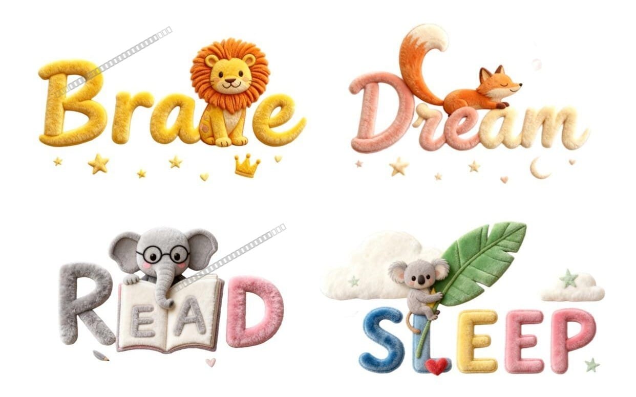 3D cute plush animal nursery typography letter text PNG clipart bundle with lion, fox, elephant, mouse, stars