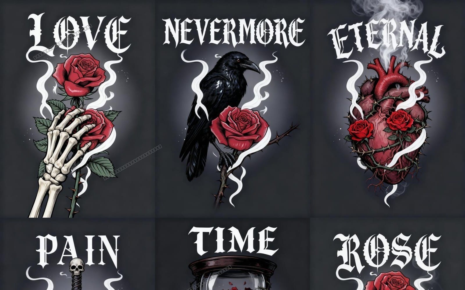 Dark gothic rose typography PNG clipart bundle with skull, raven, crescent moon and flame designs for t-shirts