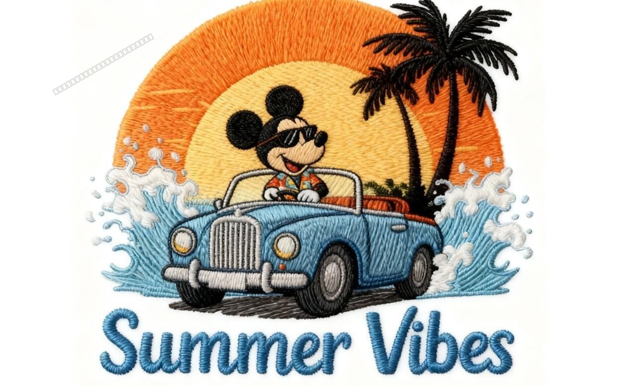Vintage summer mouse embroidered patch design with Mickey in a blue convertible and palm waves, PNG bundle