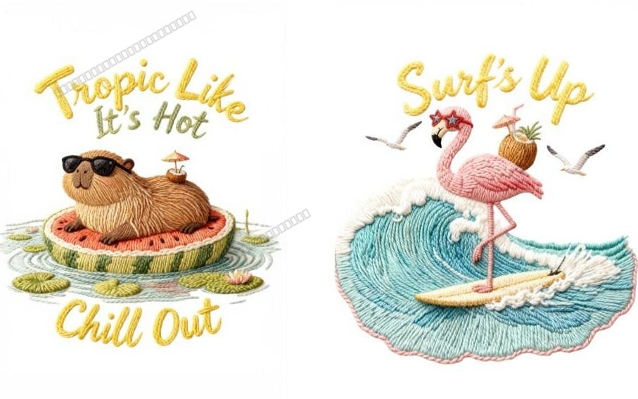 Cute tropical summer embroidery style clipart bundle with a chill bear and surf flamingo in PNG design set
