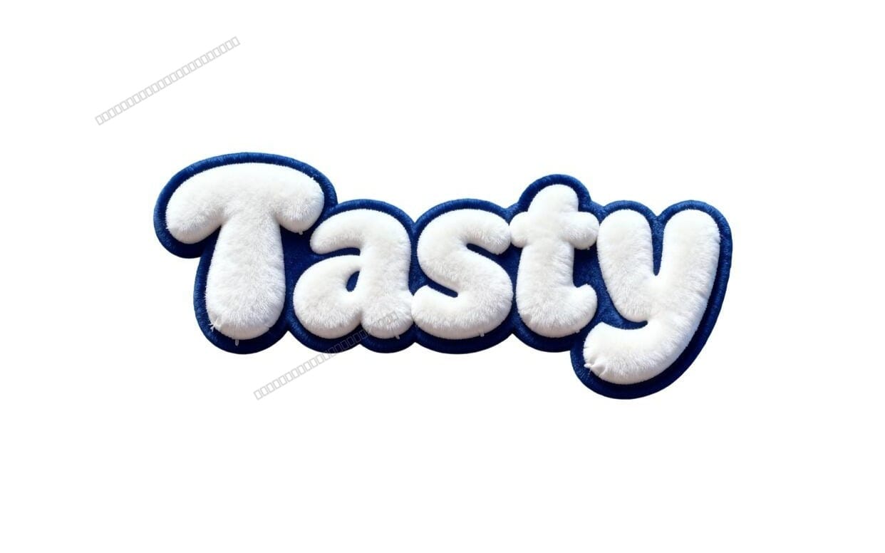3D puffy chenille letter sticker spelling Tsng, blue and white plush style PNG bundle element