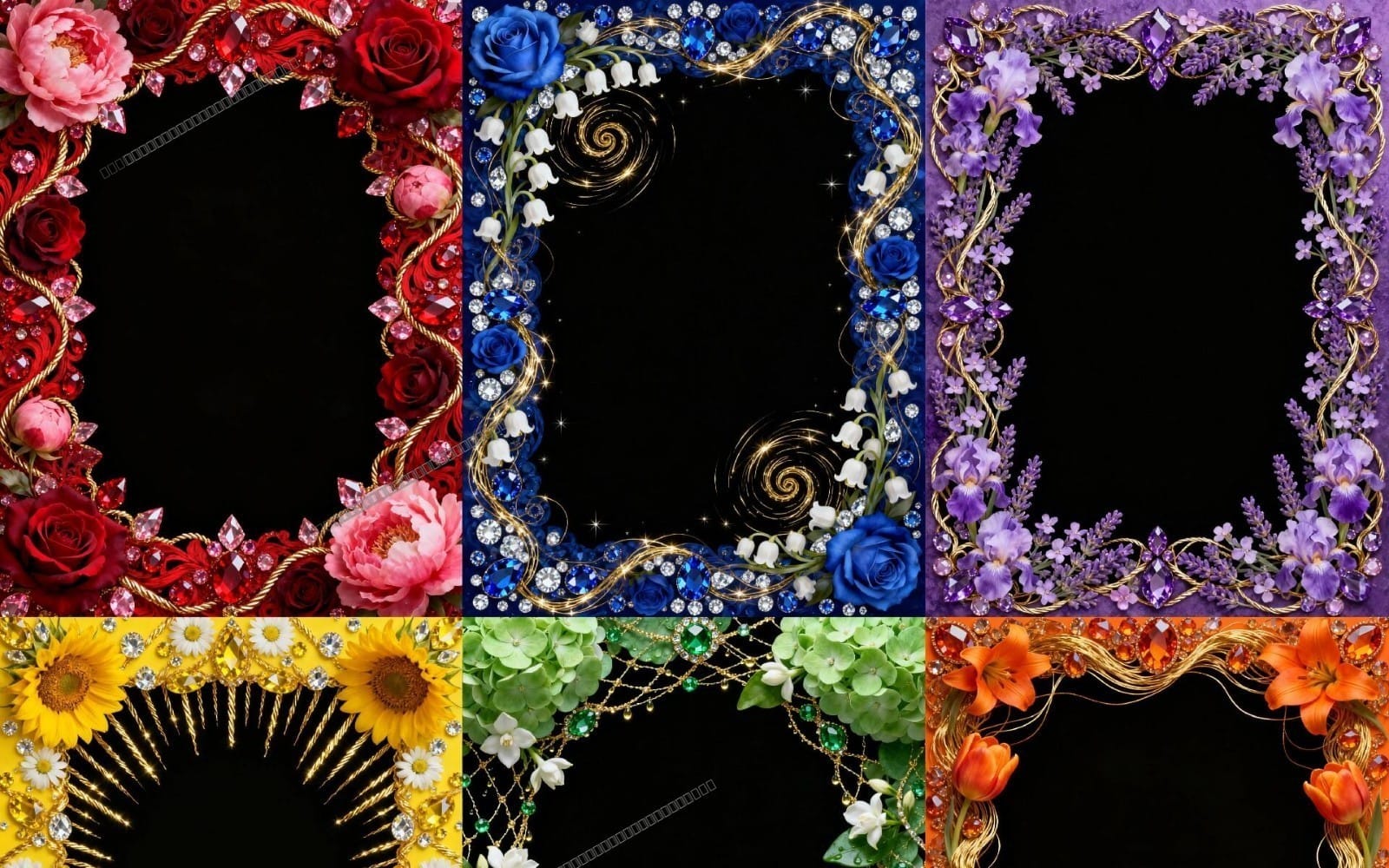 Luxury floral corner border frames PNG bundle with roses, orchids, jewels and sparkling swirls on black backgrounds