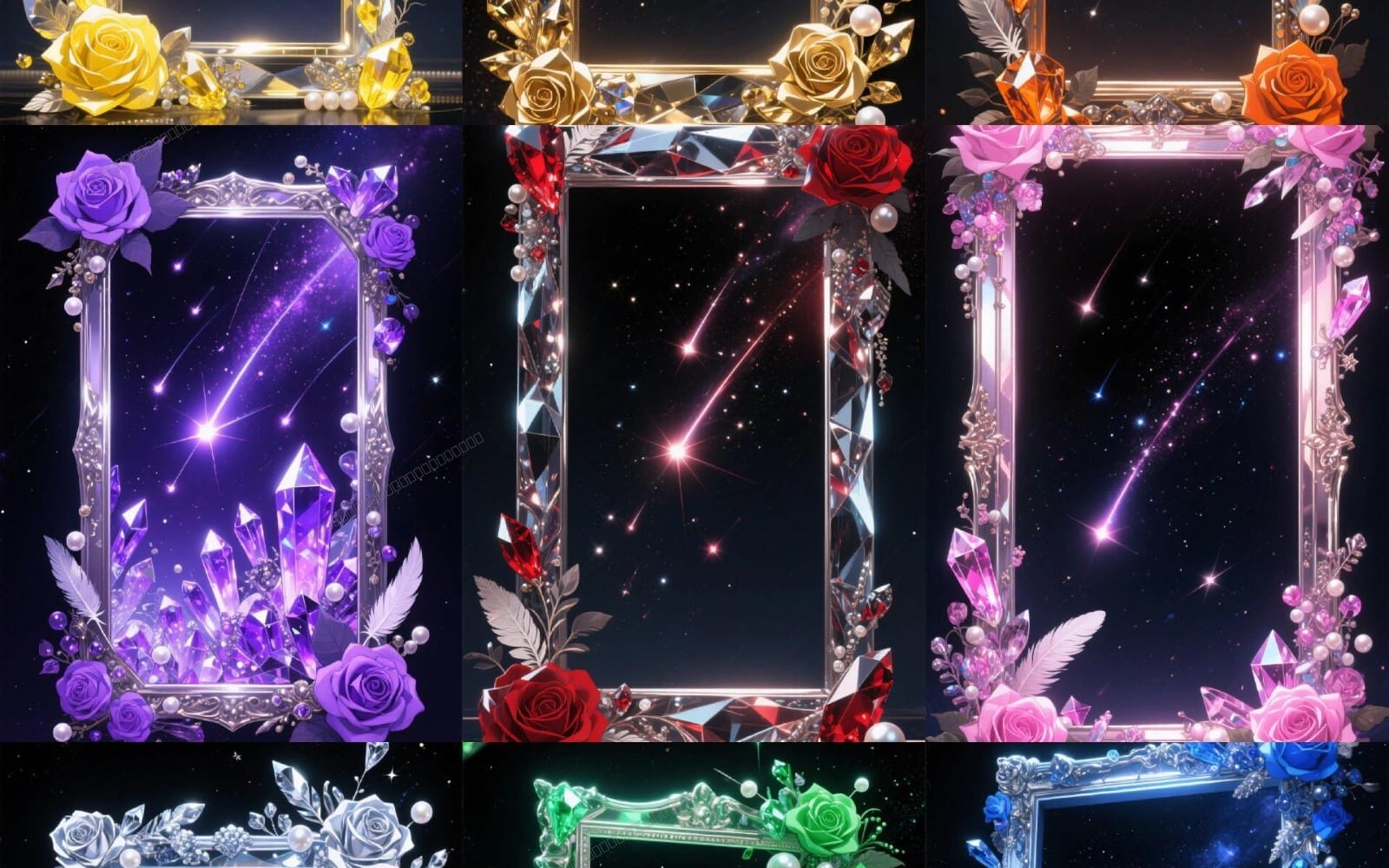 Digital crystal frame bundle featuring sparkling shooting star starfields with floral corners and gemstone borders