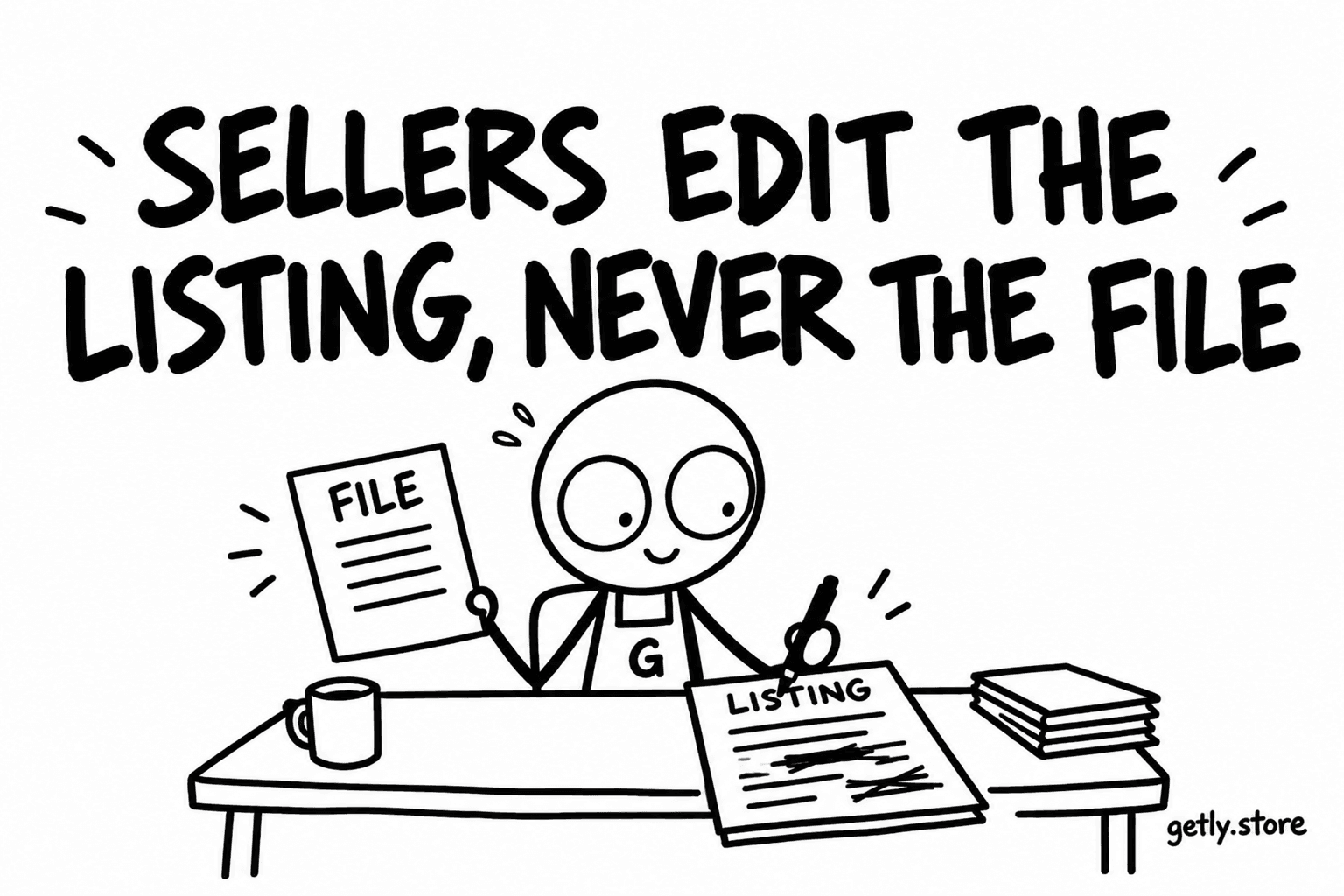Sellers edit the listing, never the file