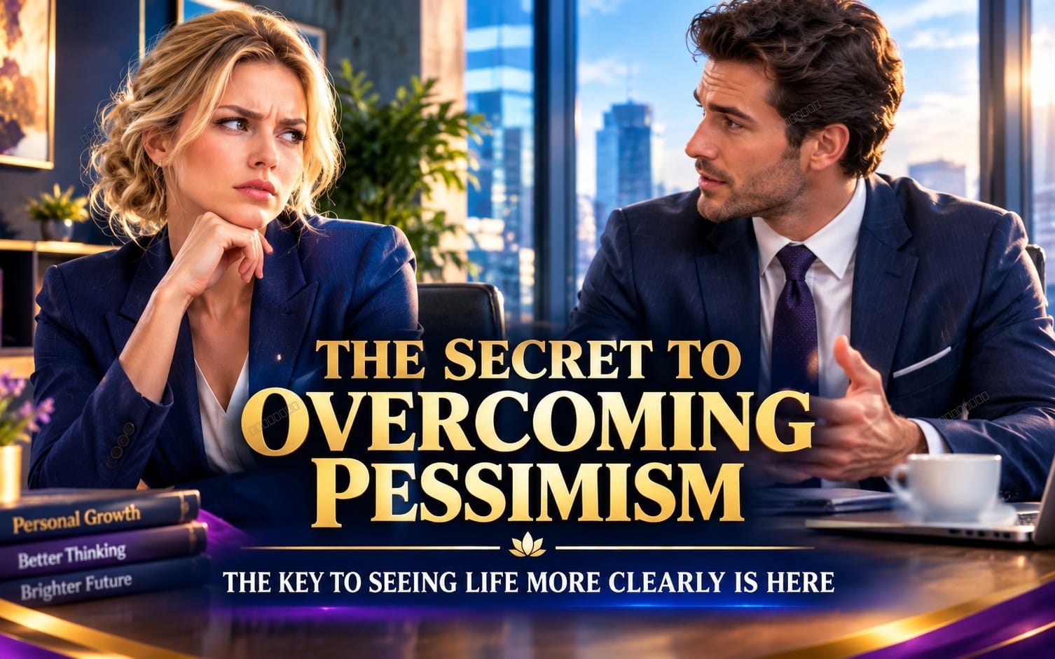 Business coaching ebook cover with two professionals in a meeting, text about overcoming pessimism