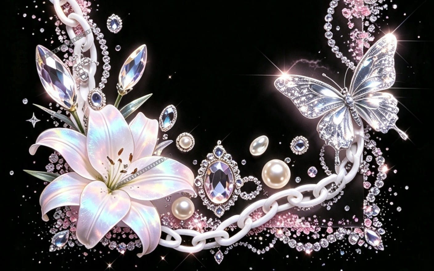 Decorative pink and blue diamond themed avatar frame pack with butterfly, jewelry, chains and sparkling gems, digital