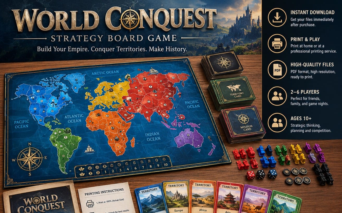 World Conquest strategy board game tabletop layout with world map board, card deck, mini pieces, and dice, for instant