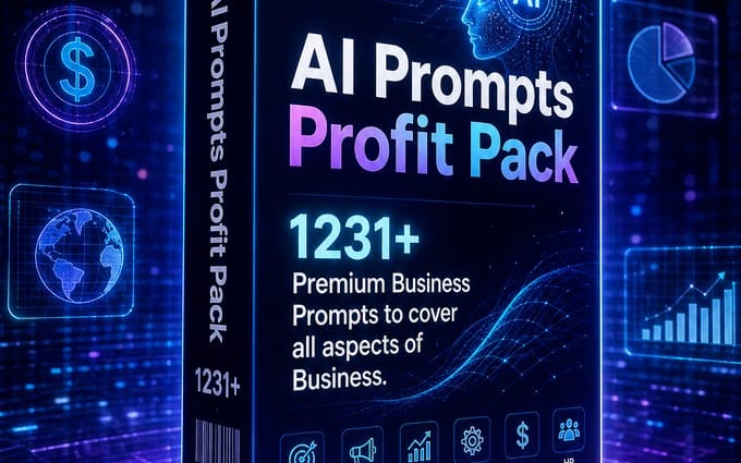 Digital promo banner for AI Prompts Profit Pack with neon business icons and 1231+ premium prompt text