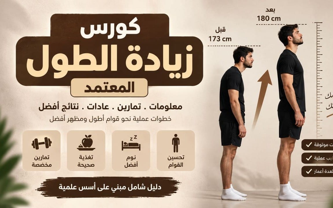 إنفوجرافيك كورس الطول المعتمد يوضح فرق طول الجسم بقياسات وملخص تمارين وتحسينات للوقفة والقامة