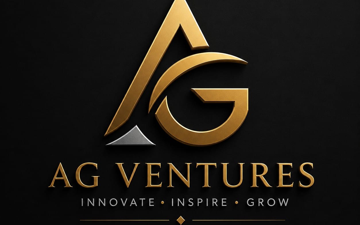 3D gold business logo featuring an abstract AG letter mark with the text AG VENTURES and slogan below
