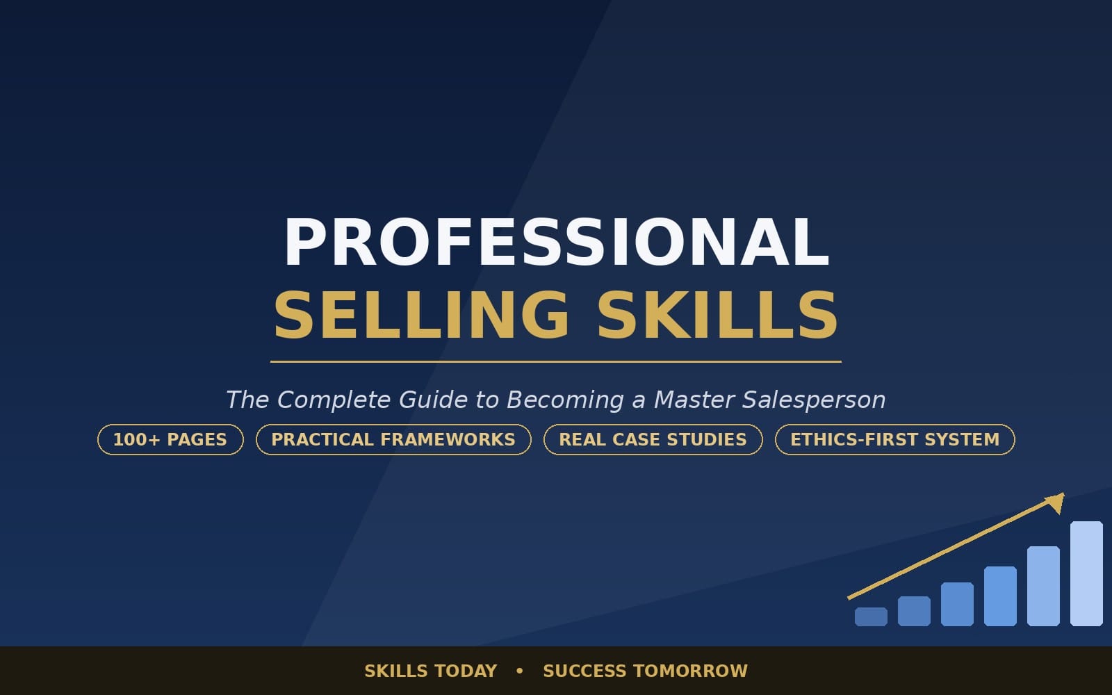 Professional selling skills course banner with bold text, badges, and a rising bar chart graphic on a blue background
