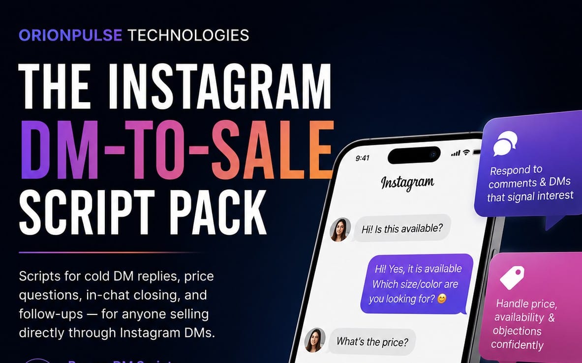 Instagram DM-to-Sale script pack banner with iPhone mockups showing chat replies and sales prompts