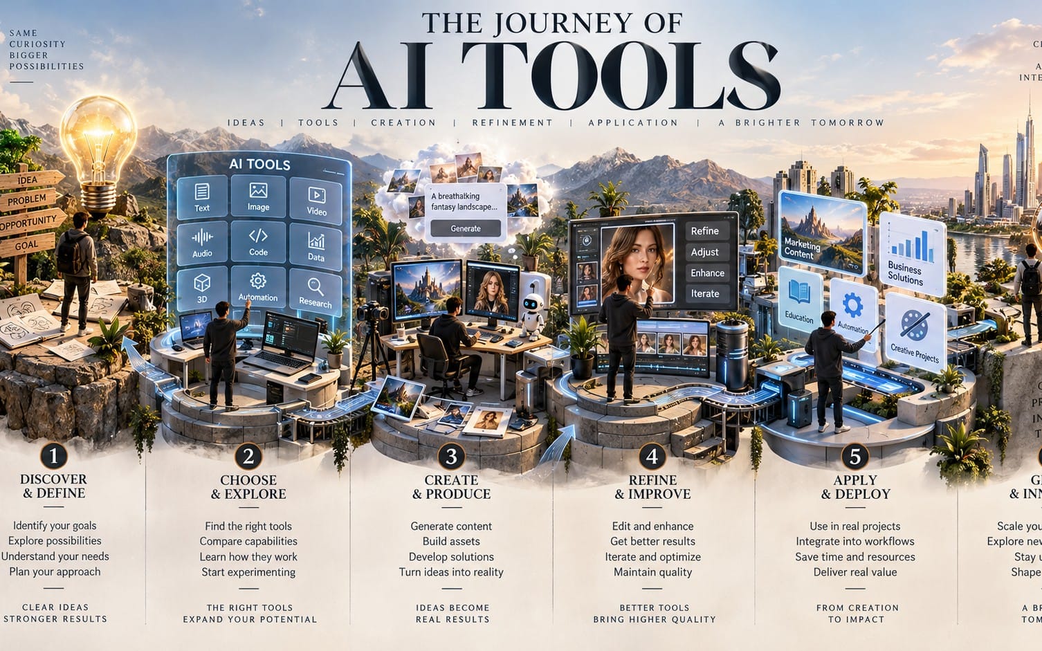Editorial infographic banner titled The Journey of AI Tools, showing staged workflow steps with AI tool icons and