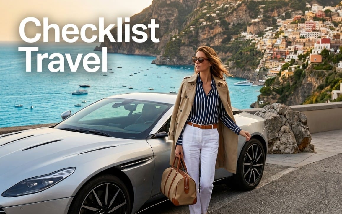 Travel checklist digital product cover with a woman holding a duffel bag beside a luxury car overlooking the coast