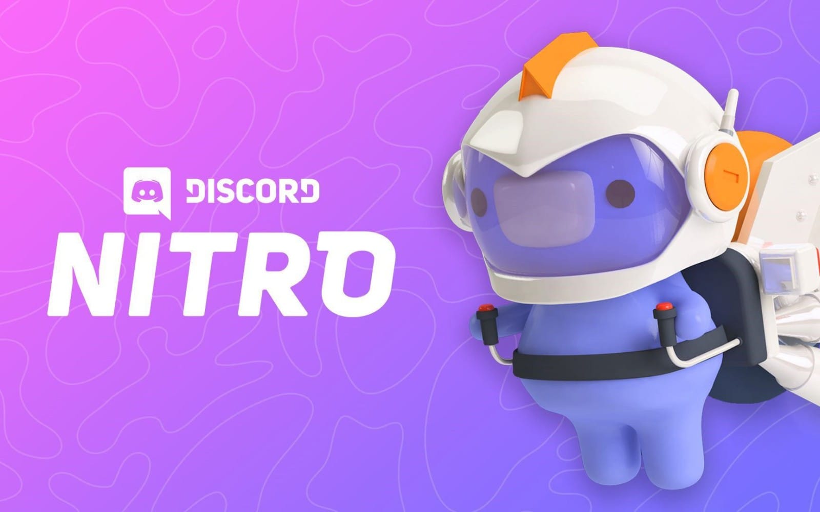 Discord Nitro promotional banner with blue robot character on purple background