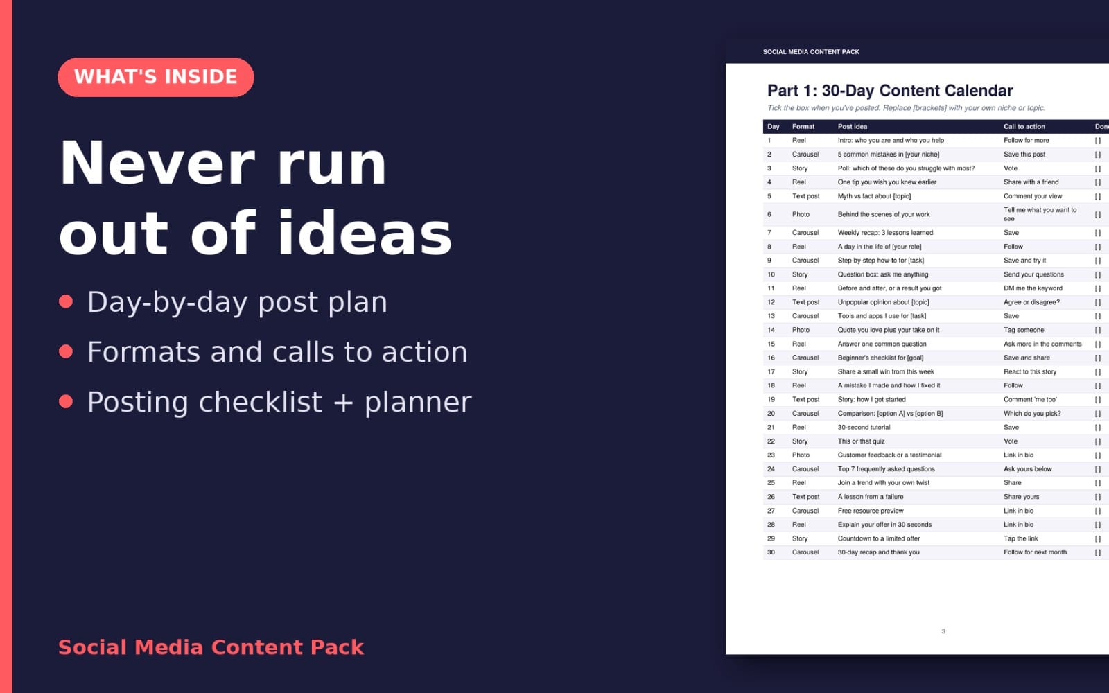 Promotional social media content pack layout with 30-day calendar table and posting checklist graphics