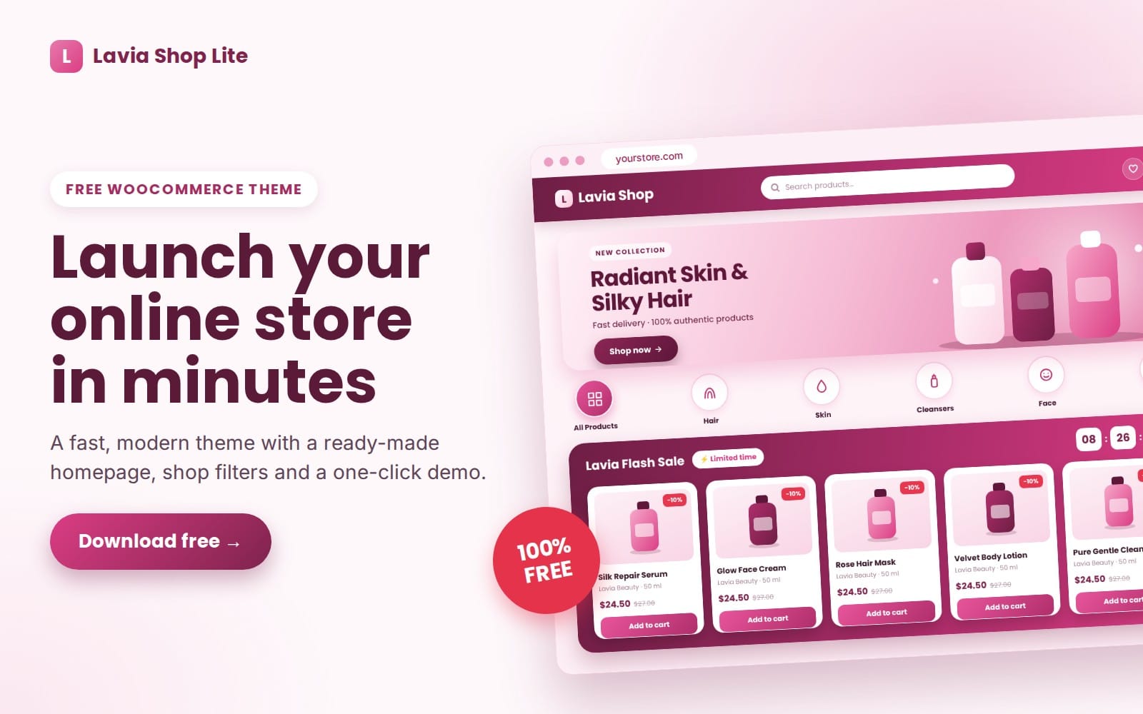 Marketing banner for Lavia Shop Lite free WooCommerce theme showing an online store homepage preview and product cards