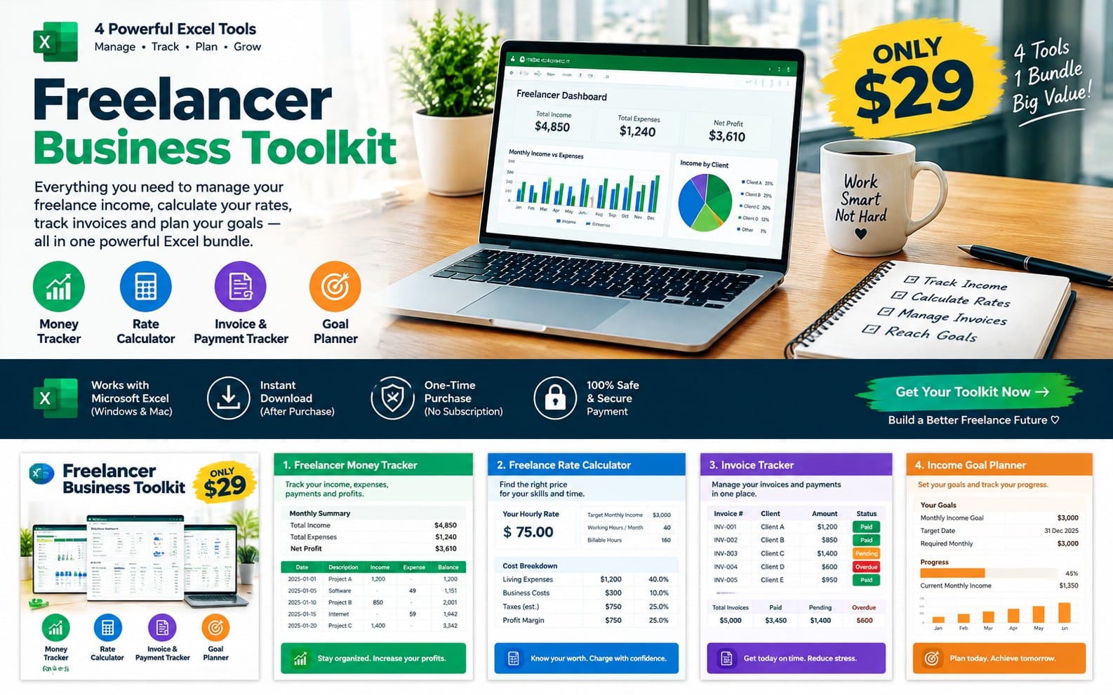 Freelancer business toolkit promotional graphic showing an Excel dashboard and four tools for tracking income and