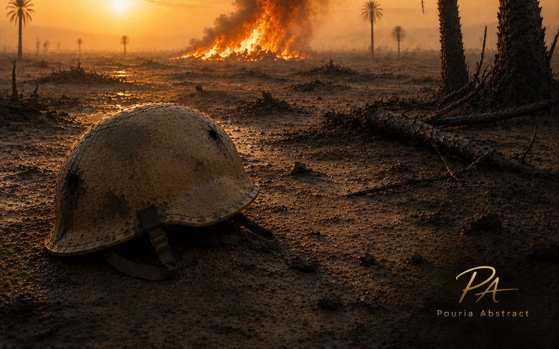 Surreal battlefield digital artwork with soldiers’ helmet amid fiery sky flames and chains of barbed wire