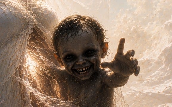 Dark fantasy digital artwork of a baby demon with wide grin, glowing eyes, and outstretched hands in light mist