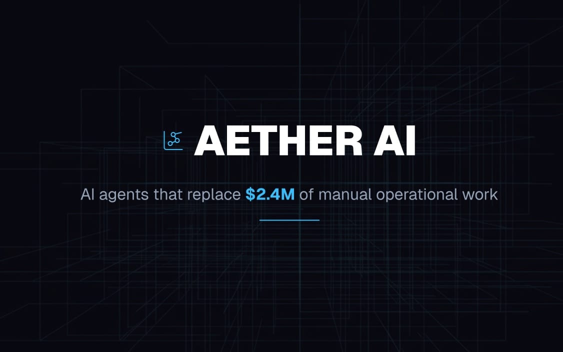 Enterprise AI and B2B SaaS pitch deck cover with futuristic network grid background and headline AETHER AI