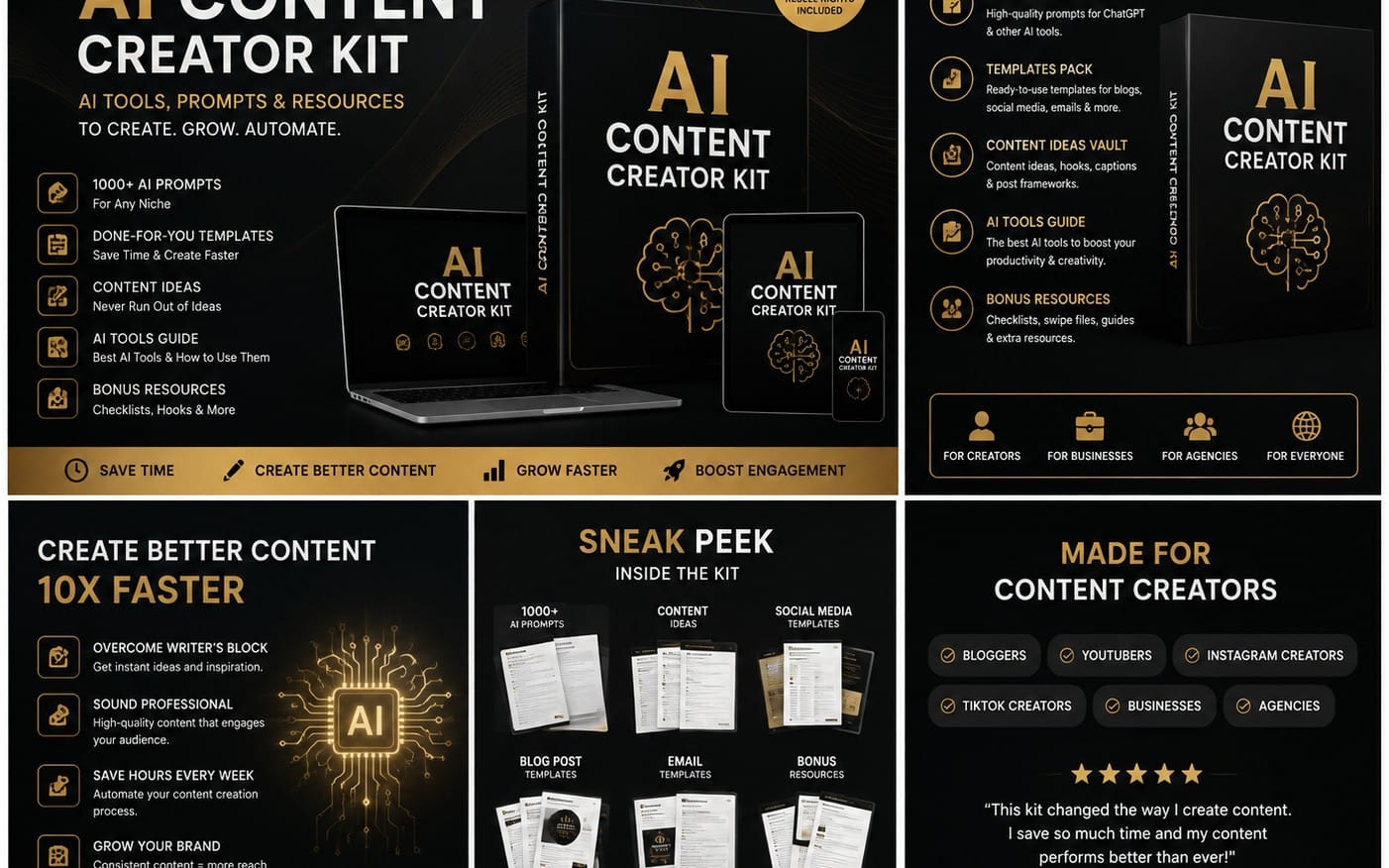 Marketing collage for an AI Content Creator Kit with laptop and phone mockups plus gold prompt and template graphics