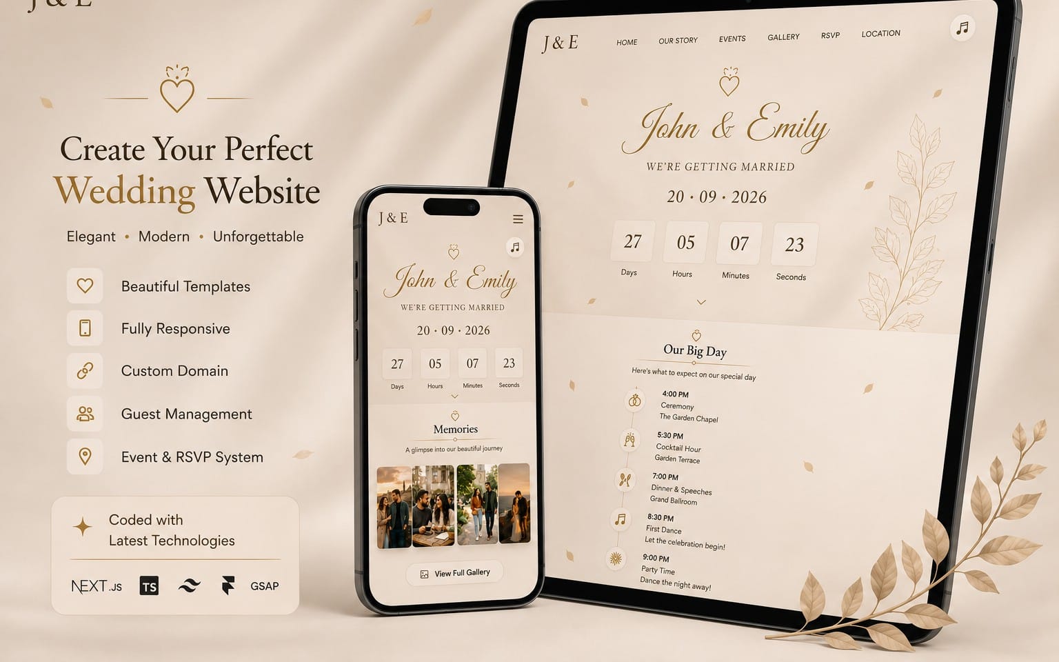 Wedding invitation website mockup on tablet and phone showing admin dashboard and RSVP guest link features