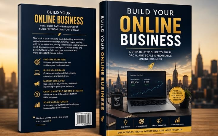 Two-spine book cover mockups for Build Your Online Business, digital marketing course guide with charts and icons