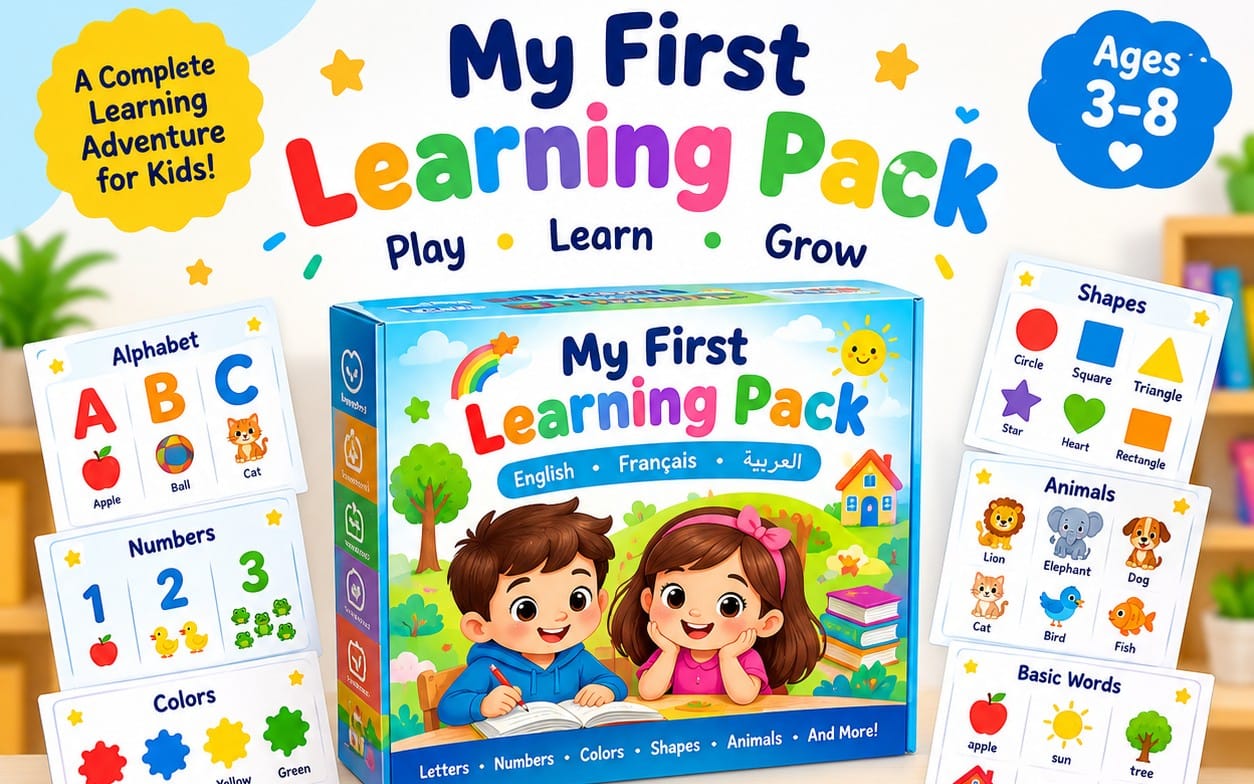 Colorful kids learning activity pack box for printable PDF with alphabet, numbers, shapes, animals, and basic words