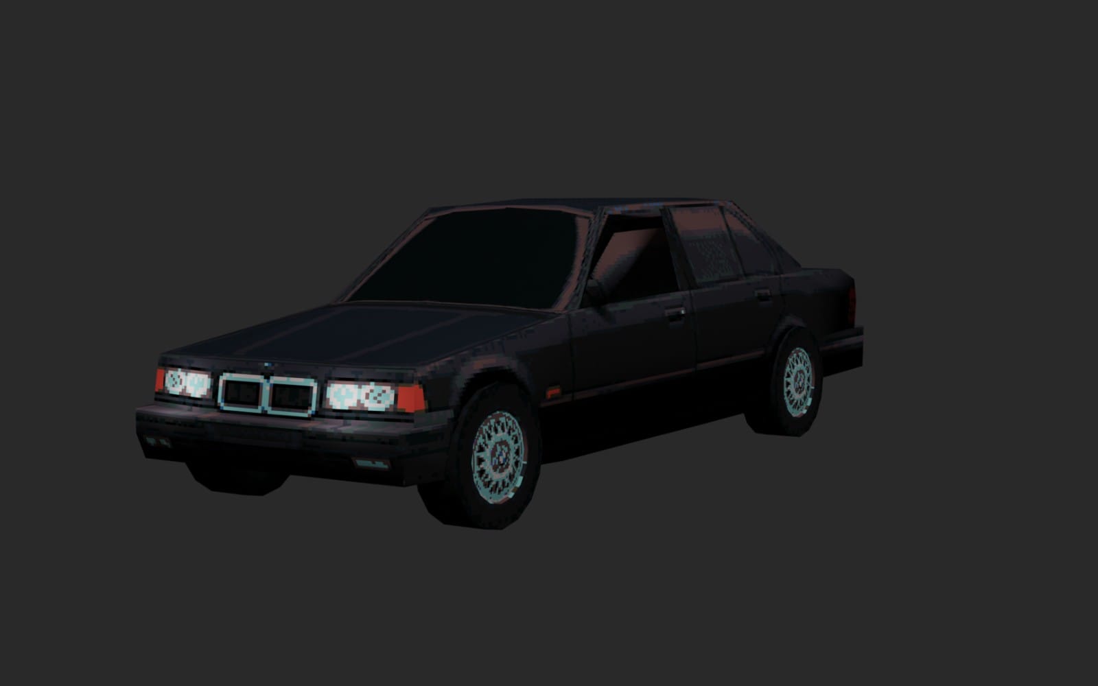 Low-poly pixelated BMW car PS1 style 3D model on dark background with front three-quarter view
