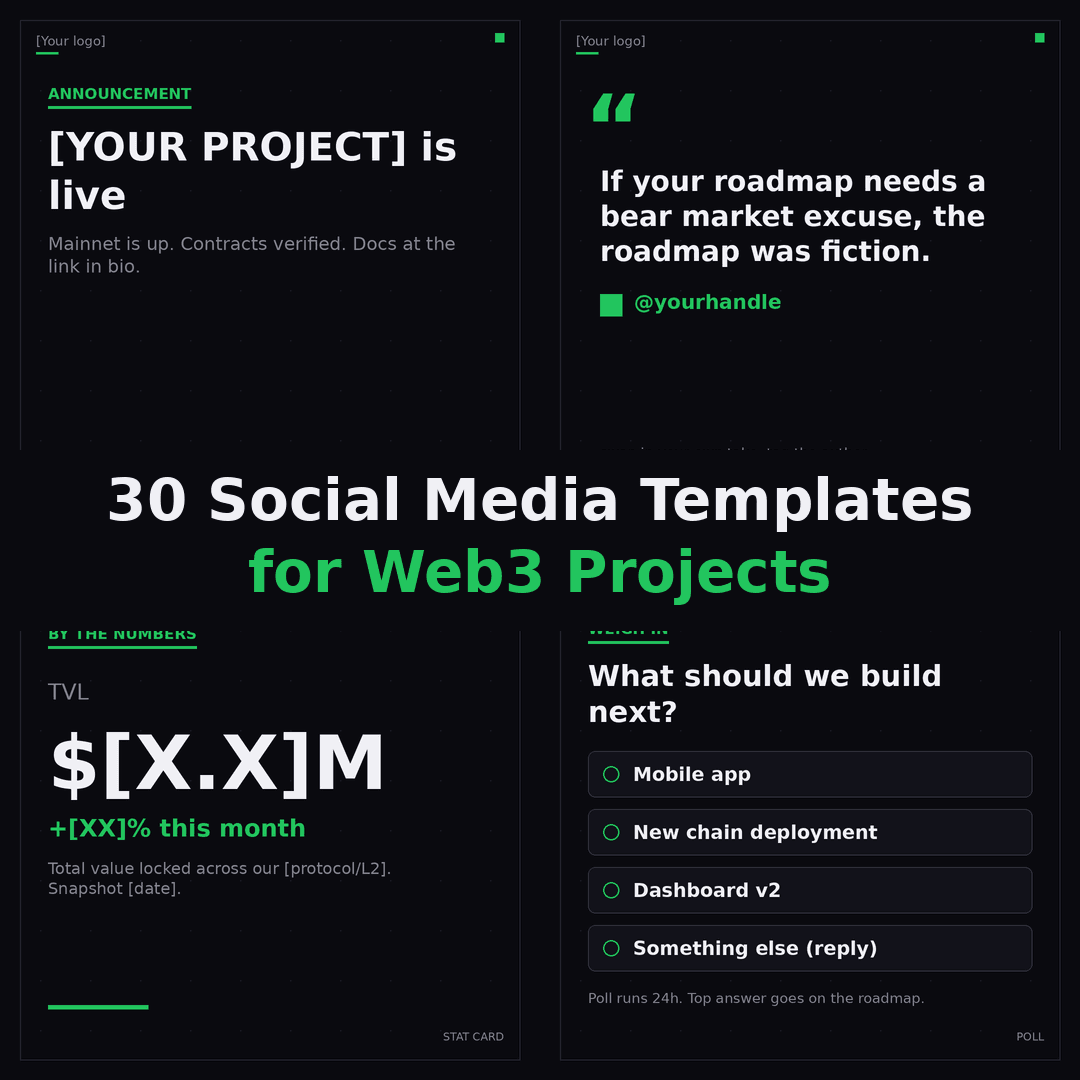 Social Media Template Pack cover: 2x2 collage of dark web3 post templates, green accent