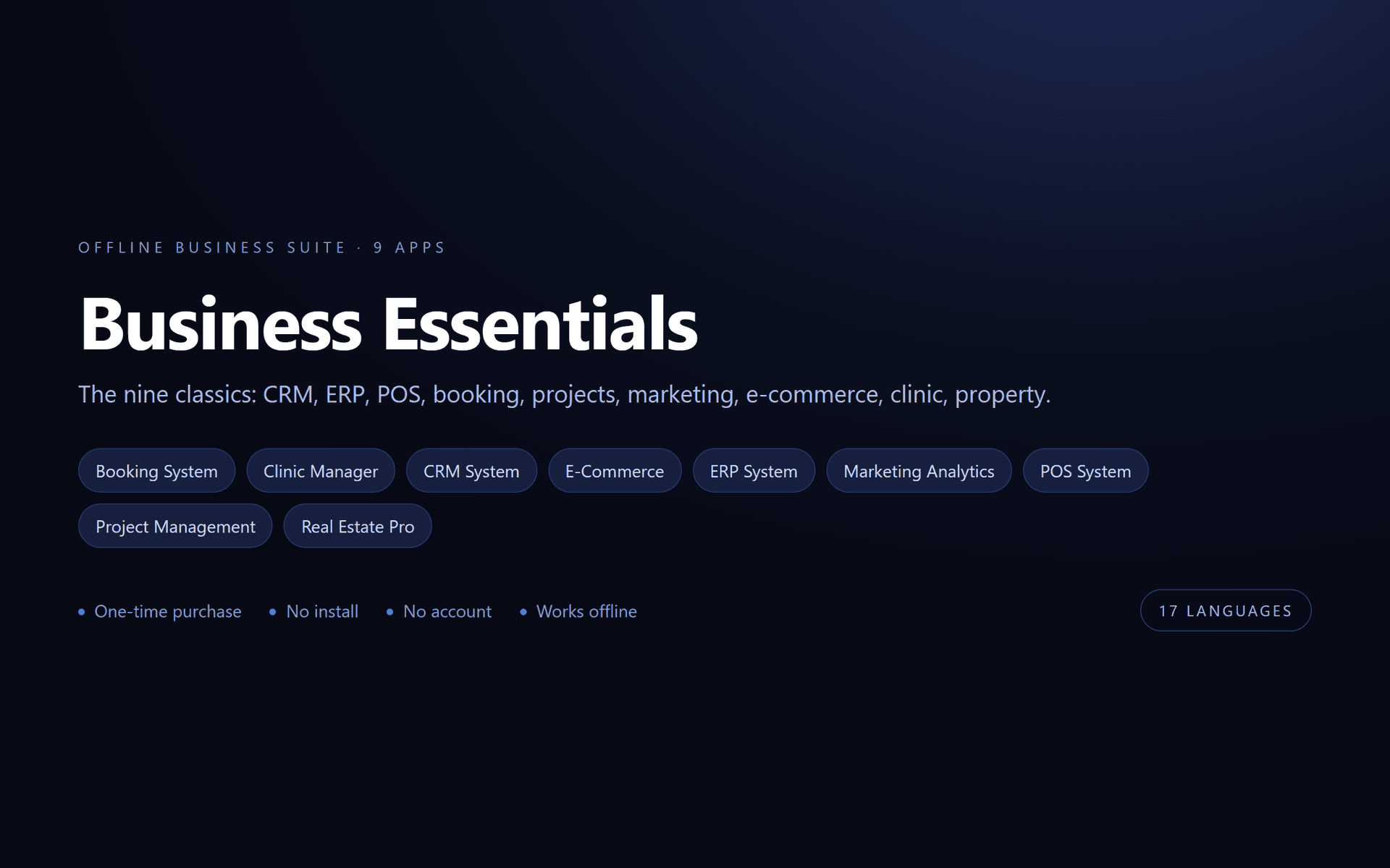 Business Essentials Suite — 9 Offline Business Apps (No Install, 17 Languages)