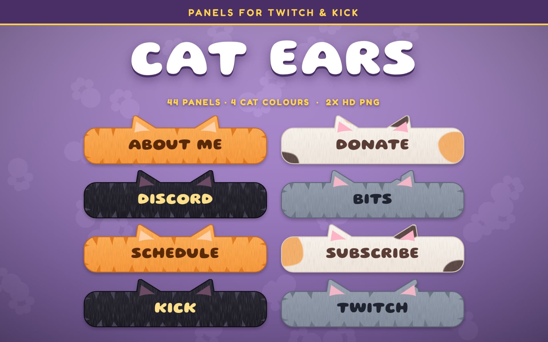 Cat ear themed Twitch and Kick panels set with six labeled UI bars on a purple background