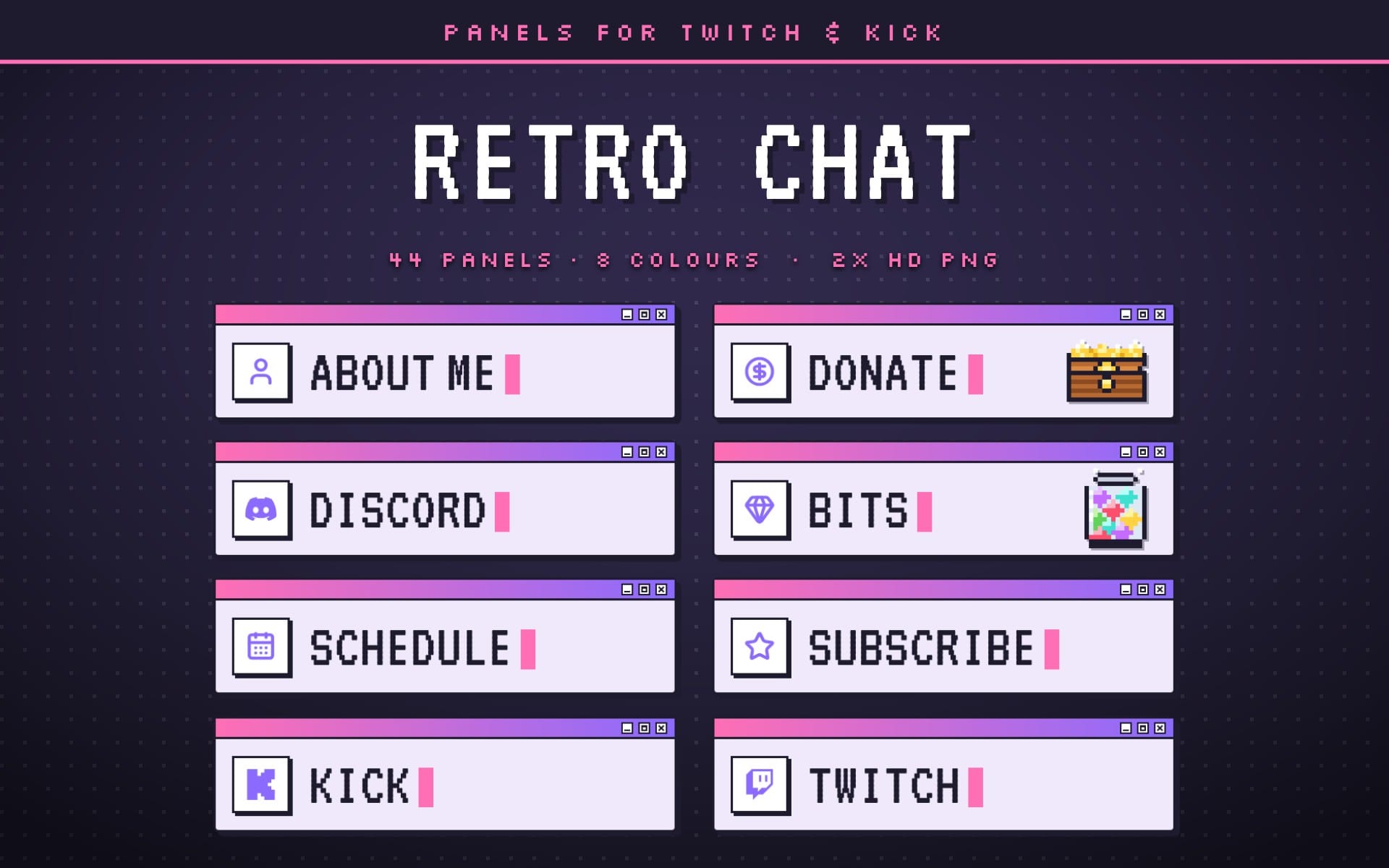 Retro pixel-style Twitch chat panel set with About, Donate, Discord, Bits, Schedule, Subscribe, Kick, and Twitch labels