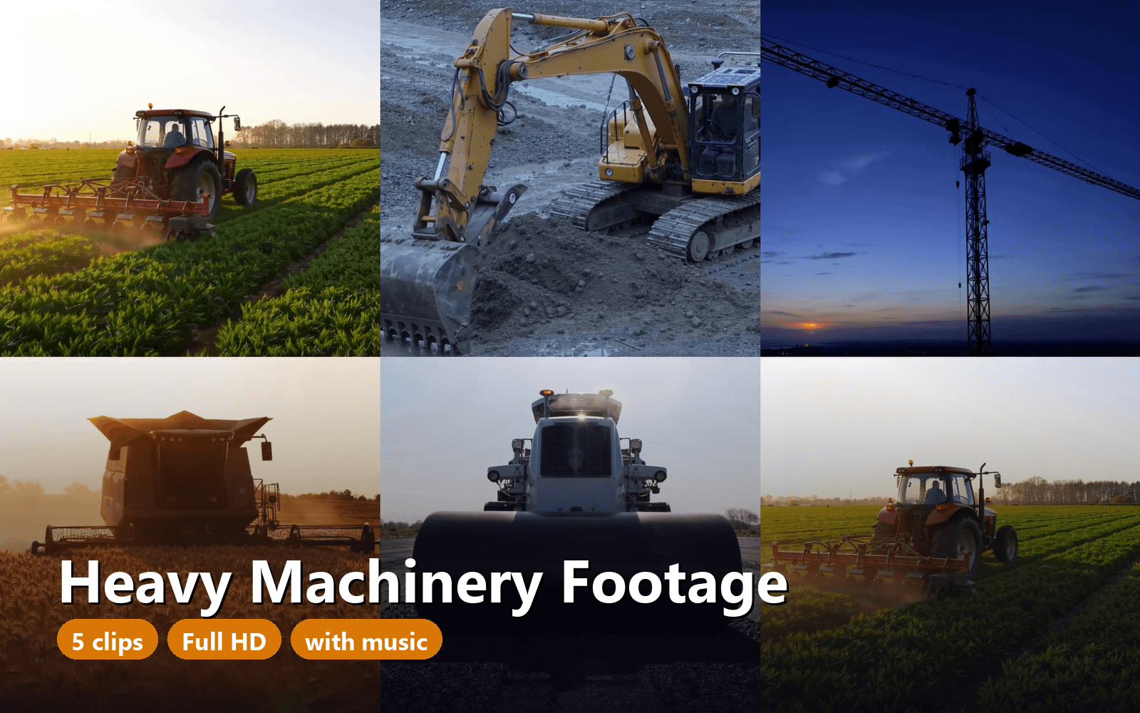 Heavy Machinery Stock Footage Pack – 5 MP4 Clips, 1920x1088 Full HD, Construction & Farm Equipment