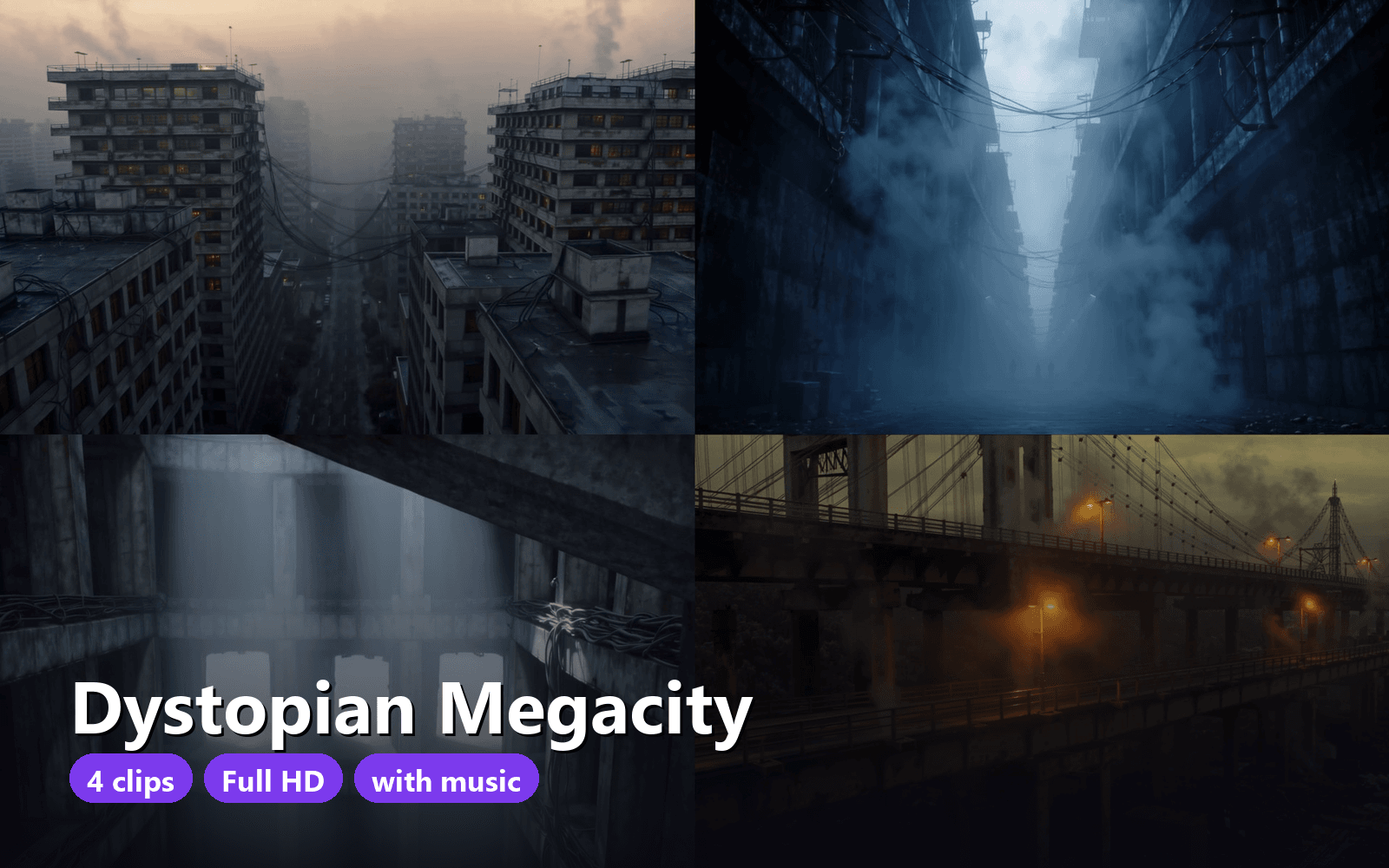 Cyberpunk Megacity Stock Footage – 4 MP4 Clips 1920x1088, Foggy Brutalist City
