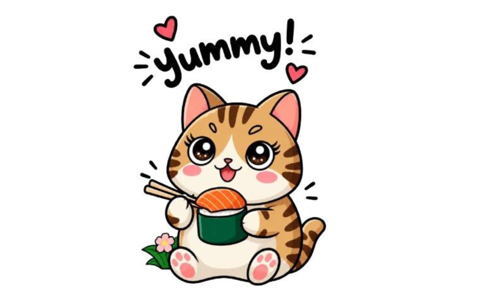 Kawaii cartoon cat eating sushi with cute hearts and Yummy text illustration