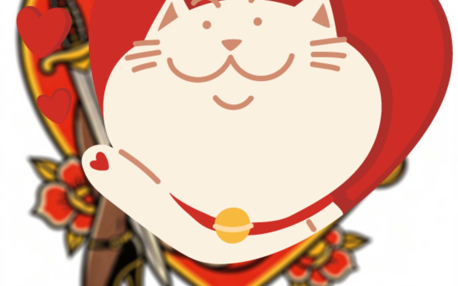 Cute cat face tattoo design with red hearts and curved red collar in cartoon style