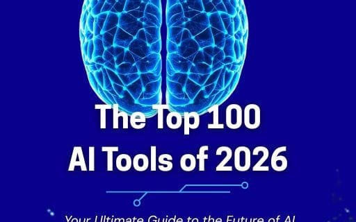 Digital book cover for The Top 100 AI Tools of 2026 buyer’s guide with glowing blue brain graphic and title text