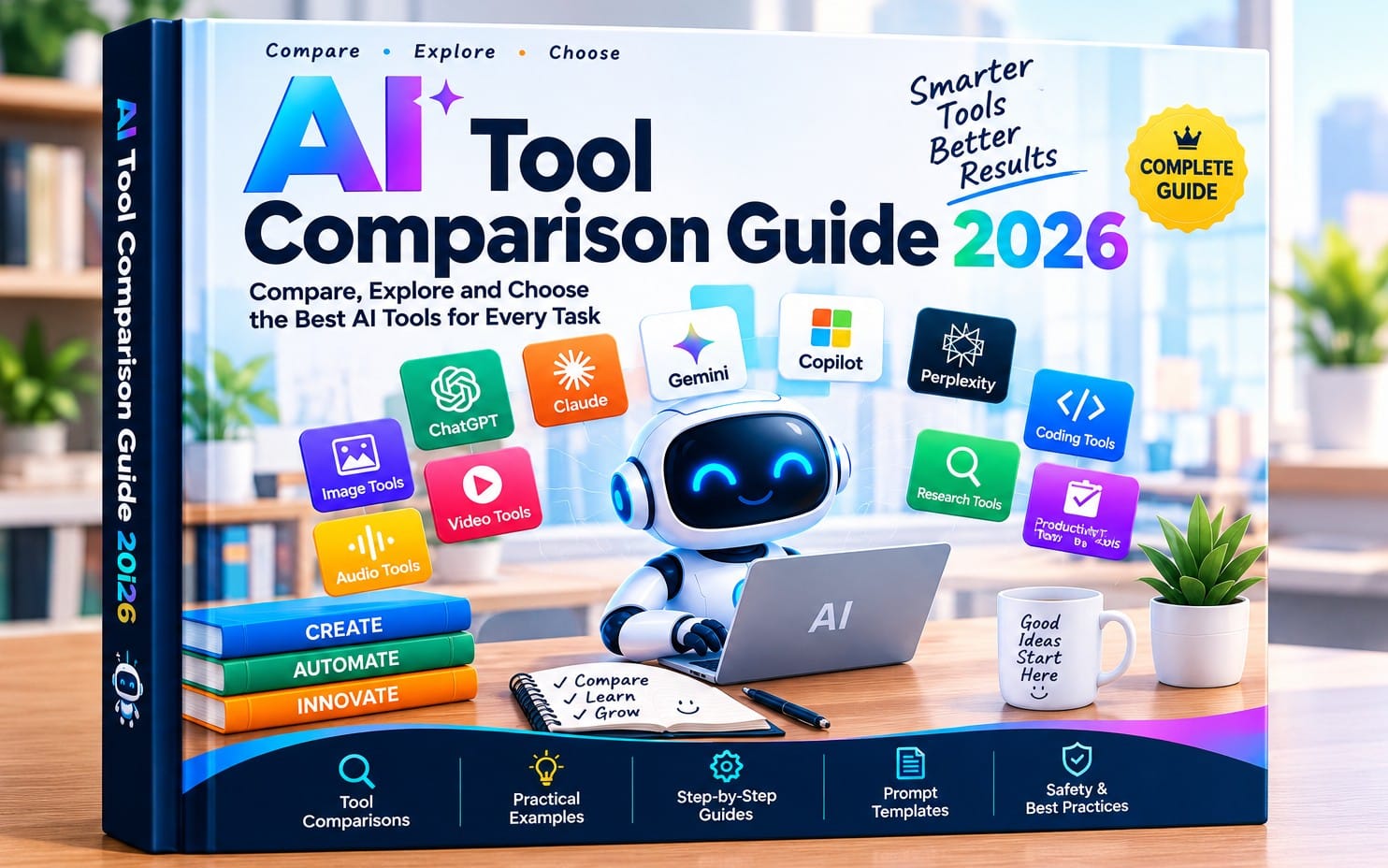 AI tool comparison guide book 2026 cover with cartoon robot and tool category icons on a desk
