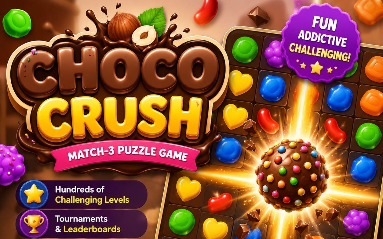 Candy-themed Choco Crush match-3 puzzle game promo banner with chocolate letters, colorful gems, and effects