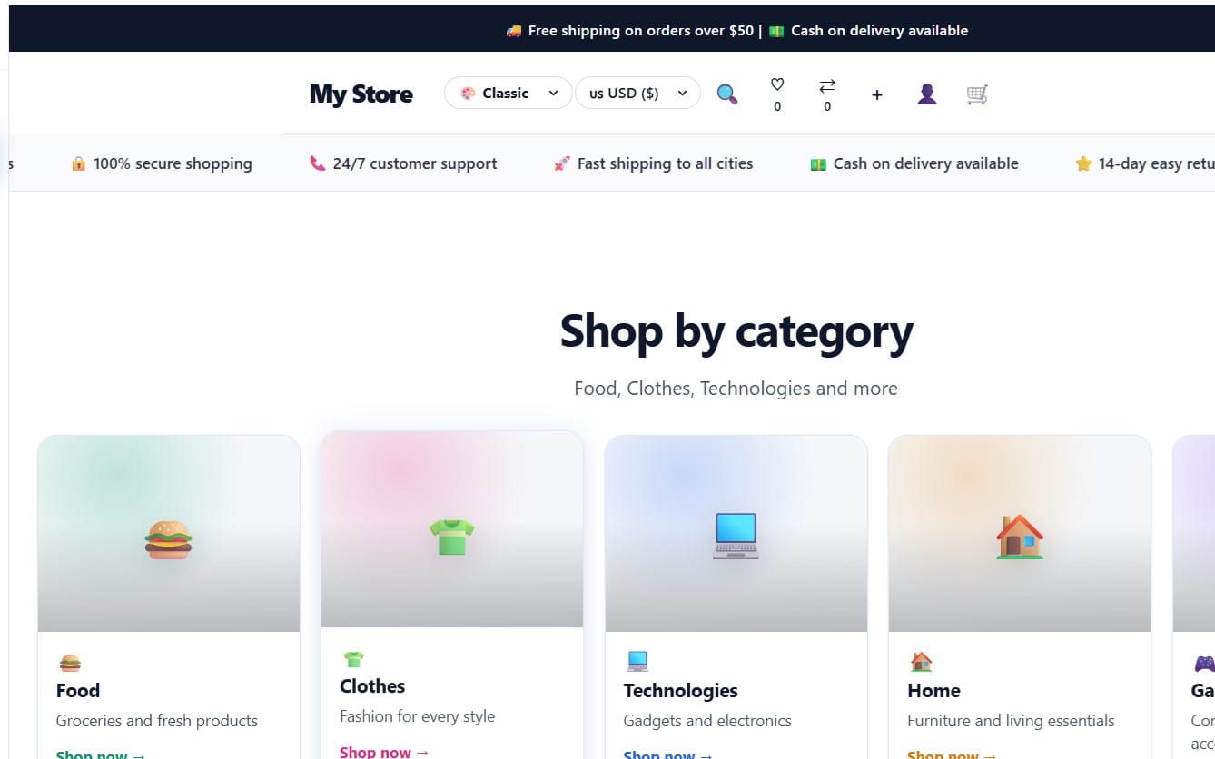 NovaCart Shopify theme demo page showing My Store header and shop-by-category product tiles