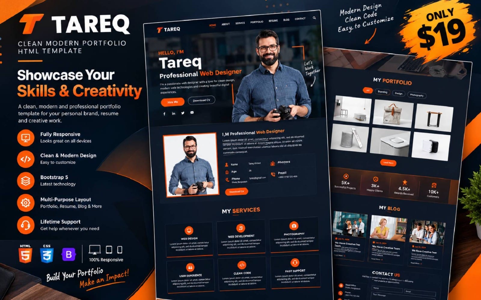 Modern portfolio HTML template promotional banner with Tareq branding, mock web layout, and pricing badge