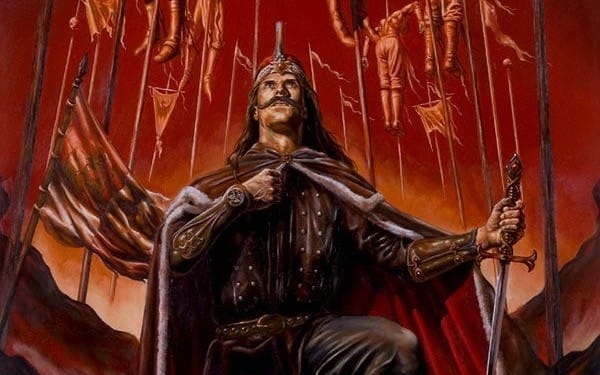Digital game character art of Vlad the Impaler holding a sword with fiery blood-red background, Luminator 100X