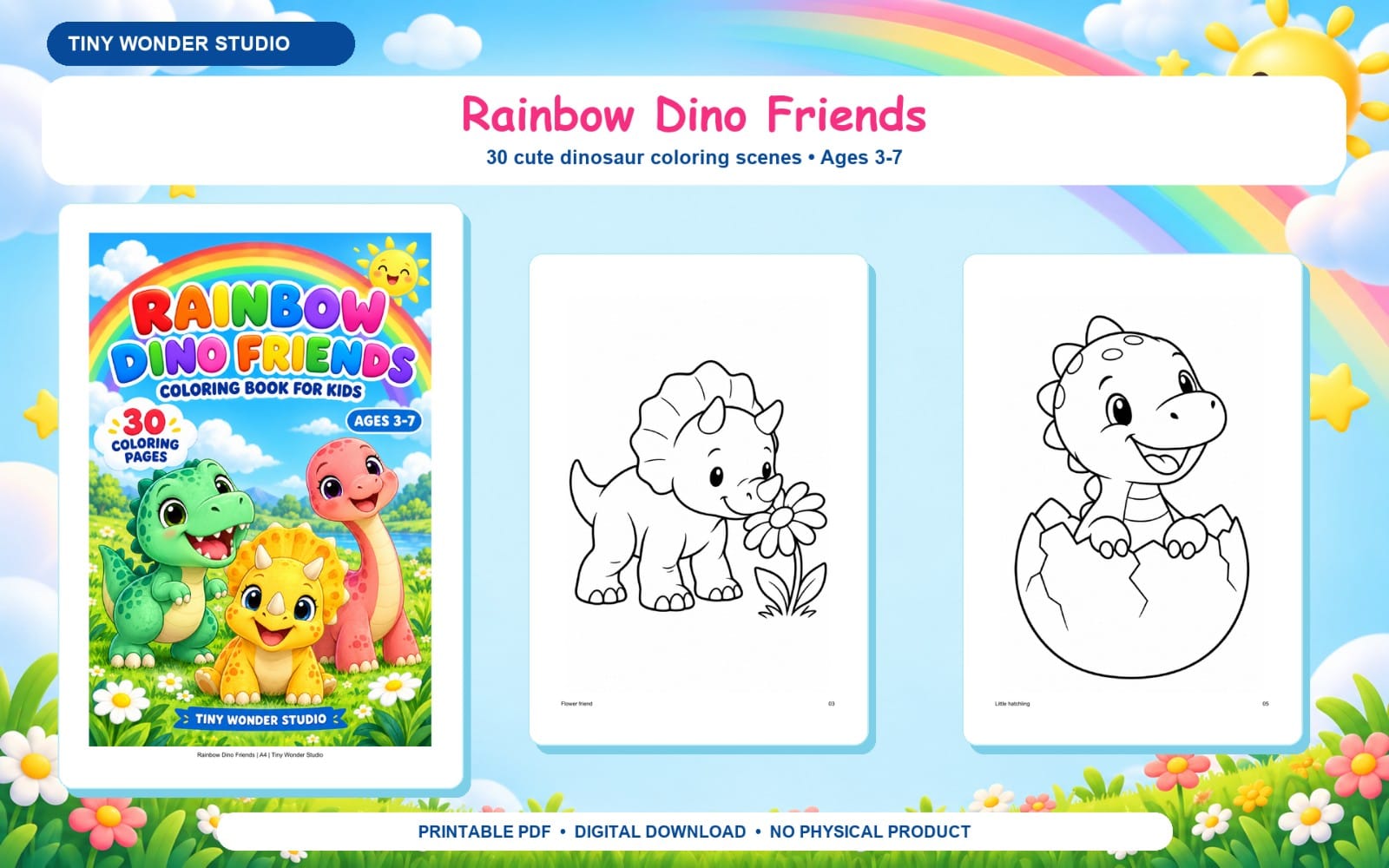 Printable PDF coloring book cover with cartoon rainbow dinosaur friends and two black-and-white dinosaur outlines for