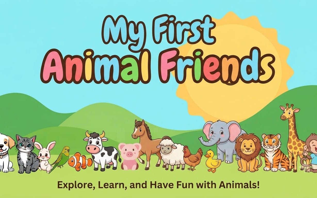 Colorful title card for kids interactive animal friends learning cards with cartoon farm and jungle animals