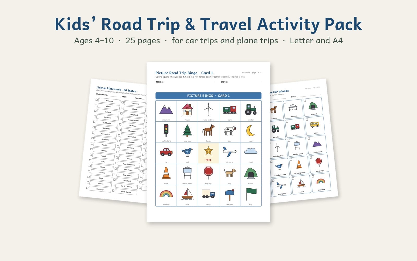 Kids Road Trip & Travel Activity Pack printable game sheets with Picture Bingo and License Plate Hunt