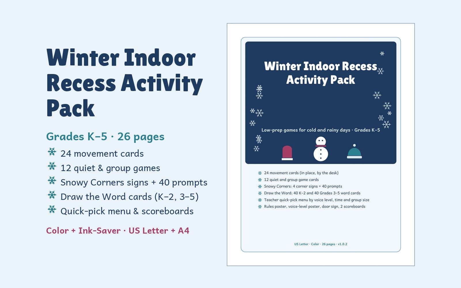 Winter Indoor Recess Activity Pack cover with snowflake graphics, movement cards, scoreboards, and learning game details