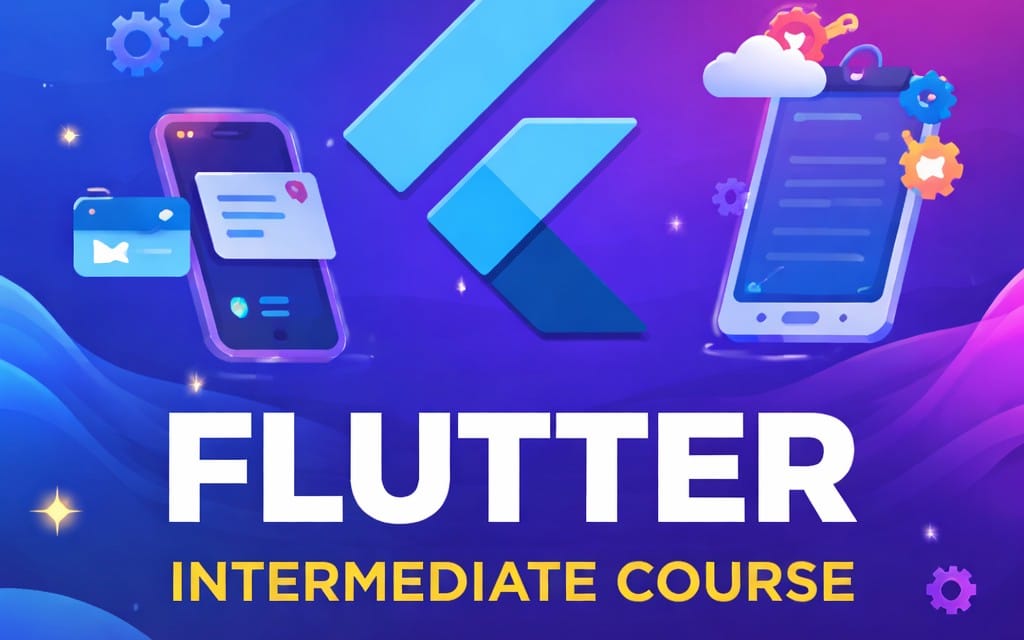 Flutter intermediate complete course banner with colorful phone and code graphics